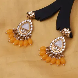 BELWICK Brass-Plated Kundan Studded And Pearls Beaded Teardrop Shaped Drop Earrings-6