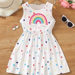 White World Girls Polka Dot Print Round Neck Fit & Flare Dress-image-63
