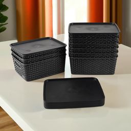 Kuber Industries Black 9 Pieces Checked Reusable Tote Basket Organisers-46