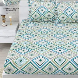 DREAM WEAVERZ White Geometric Printed Fitted 260 TC Double King Bedsheet & 2 Pillow Covers-image-49