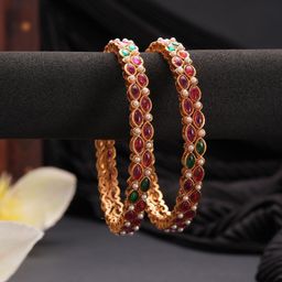 Jazz and Sizzle Set Of 2 18K Gold-Plated Artificial Stones Studded & Pearl Beaded Bangles-4