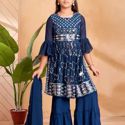 Aarika Girls Ethnic Motifs Embroidered Regular Kurta with Sharara & With Dupatta-picture-2