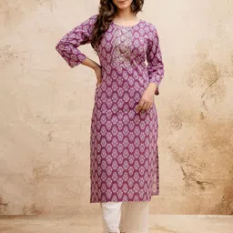 SURHI Floral Printed Mirror Work Round Neck Straight Pure Cotton Kurta-picture-49