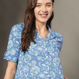 KALINI Floral Printed Roll-Up Sleeves Cotton Shirt Style Crop Top-picture-45