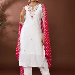 Jaipur Kurti Floral Embroidered Thread Work Kurta with Trousers & Dupatta-54