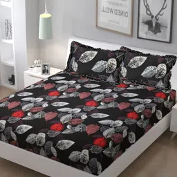 Luxmi Cotton Fabrics Black & Red Geometric 144 TC Queen Bedsheet with 2 Pillow Covers-1