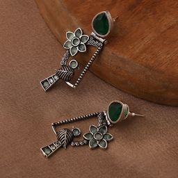 VENI 92.5 Silver-Plated Artificial Stone Studded Contemporary Oxidised Drop Earrings-image-39