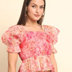 CORSICA Floral Print Puff Sleeve Peplum Crop Top-image-65