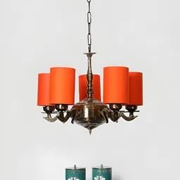 Devansh Orange Round cotton shade with Antique Golden Chandelier Metal Ceiling Lamp-picture-4
