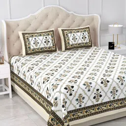 BELLA CASA White & Mustard Ethnic Motifs Pure Cotton 180 TC King Bedsheets Set-2.20mX2.74m-picture-27