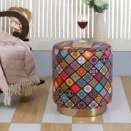 Shadowkart Blue & Pink Printed Wooden & Velvet Round Ottoman-27