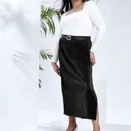 Globus Women Mid-Rise Accodian Pleats Side Slits Plus Size Straight Maxi Skirt-picture-3