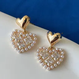 VAGHBHATT Gold-Plated Pearls Studded Heart Shaped Drop Earrings-13