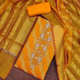 SHADOW & SAINING Floral Woven Design Zari Work Banarasi Semi-Stitched Dress Material-image-84