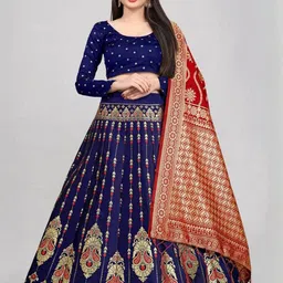 Mr Y Women Navy Blue Banarasi Silk Semi-Stitched Lehenga & Unstitched Blouse With Dupatta-image-91