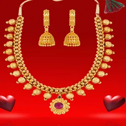 Heer Collection Gold-Plated Pink & Gold-Toned Necklace With Earrings-image-12
