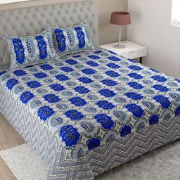 Myntra Elegant Homes Blue & Grey Printed Cotton 180 TC King Bedsheet Set 2.74m x 2.54m-image-43