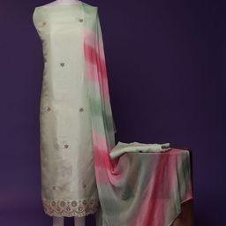 ZARI Floral Embroidered Sequinned Pure Silk Unstitched Dress Material-18