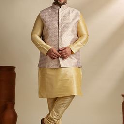 SOJANYA PLUS Men Ethnic Motifs Woven Design Regular Kurta with Pyjamas with Nehru Jacket-image-56