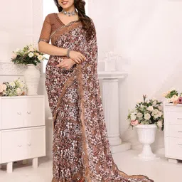 Moda Rapido Floral Printed Mirror WorkGeorgette Saree-image-71