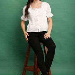 Absorbing Women Self Design Schiffli Square Neck Cotton Top-image-44