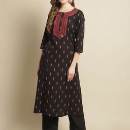 Pistaa Geometric Printed Mirror Work Cotton A-Line Kurta-6