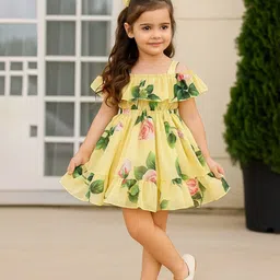 SHRVAAY GROUP Girls Floral Printed Ruffled Shoulder Straps Fit & Flare Dress-picture-32