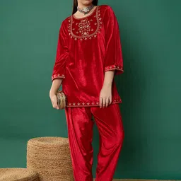 Noh.Voh - SASSAFRAS Kids Girls Embroidered Regular Velvet Straight Kurti with Salwar-picture-28