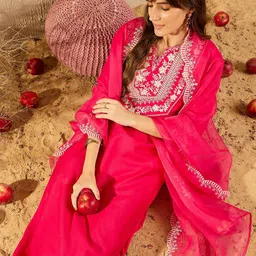 Indo Era Women Floral Embroidered Regular Thread Work Liva Kurta with Trousers & With Dupatta-picture-4