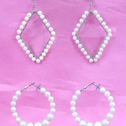 FIMBUL Set of 2 Silver-Plated Pearls Beaded Hoop & Drop Earrings-28