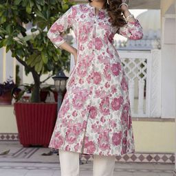 Pistaa Floral Printed High Slit Mandarin Collar Pure Cotton A-Line Kurta With Trousers-image-83