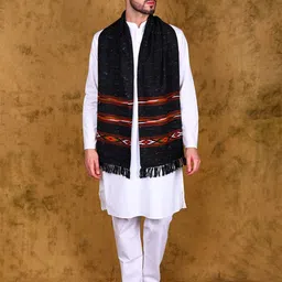 Exotic India Unisex Kinnauri Woven Triple Border Woollen Kullu Scarf-image-30