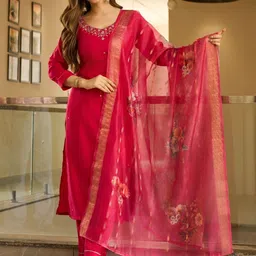 HERE&NOW Women Floral Embroidered Regular Thread Work Kurta Set-picture-16