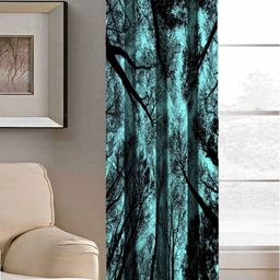 Aura Teal & Black Tree Printed Light Blocking Window Curtain-11
