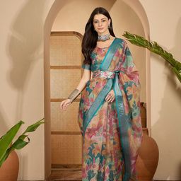 Sangria Floral Digital Printed Zari Border Belted Saree With Blouse Piece-image-99
