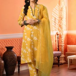 KALINI Floral Printed Nocth Neck Pure Cotton Kurta With Trousers & Dupatta-picture-26