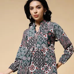 Womenster Women Ethnic Motifs Printed Mandarin Collar Puff Sleeves Cotton Empire Top-picture-8