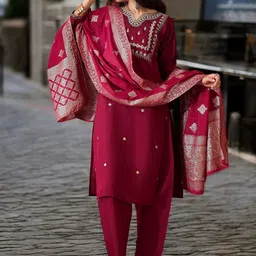 KIMISHA Ethnic Motifs Embroidered Regular Sequinned Kurta With Trousers And Dupatta-picture-10