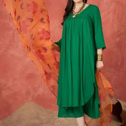InWeave Women Solid A-Line Kurta with Palazzos & Dupatta-picture-19