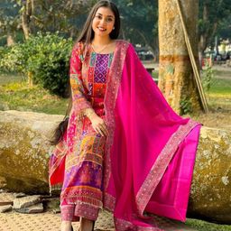 NKV Ethnic Motifs Printed Round Neck Mirror Work Straight Kurta With Palazzo & Dupatta-9