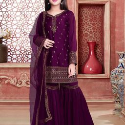 White Button Girls Pink Poly Georgette Clothing Set-image-6