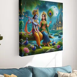 Myntra Elegant Homes Blue & Green Lord Radha Krishna Printed Canvas Wall Art-54