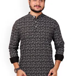 MADE IN THE SHADE Geometric Printed Band Collar Cotton Straight Short Kurta-picture-19