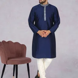 SKAVIJ Men Floral Yoke Design Regular Thread Work Kurta with Churidar & With Dupatta-18
