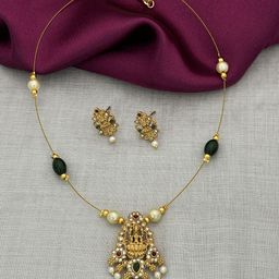 Anouk Women Gold-Plated White & Green Stone-Studded Pearl-Beaded Necklace with Earrings-image-35