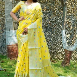 Areca Designer Ethnic Motifs Zari Linen Blend Banarasi Saree-image-26