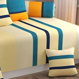 AUSIEE Set Of 8 Yellow & Blue Printed Cotton Diwan Set image 3