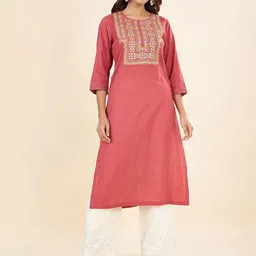 RANGMANCH BY PANTALOONS Ethnic Motifs Embroidered Mirror Work Cotton Linen Kurta-23