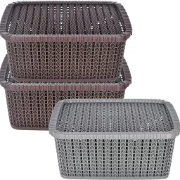 Plastic Multipurposes Large M 20 Plastic Basket With Lids- Pack of 3 (Brown&Grey&Brown) Storage Basket-image-46