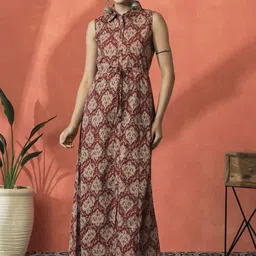Sangria Ethnic Motifs Printed Shirt Collar Empire Pure Cotton A-Line Kurta-picture-58